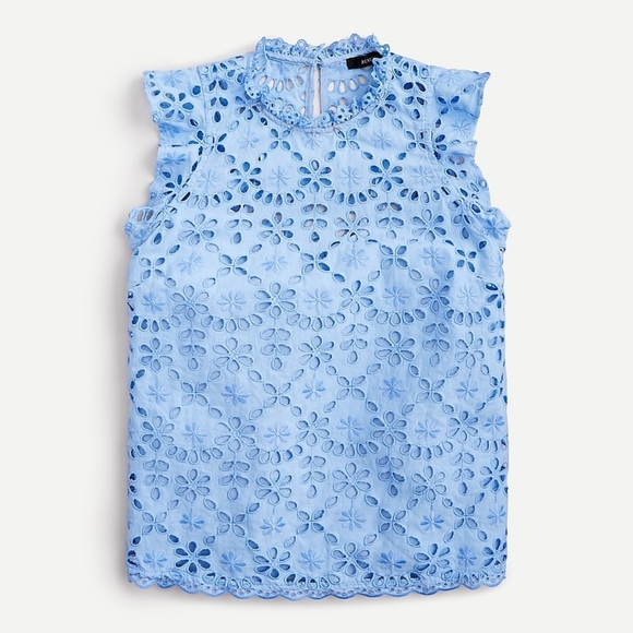 J. Crew Tops - J Crew Mockneck Blue Top in Embroidered Eyelet NWT